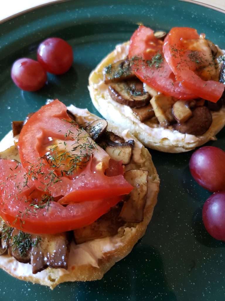 Savory English muffins with balsamic sauteed mushrooms, tomatoes, and dill