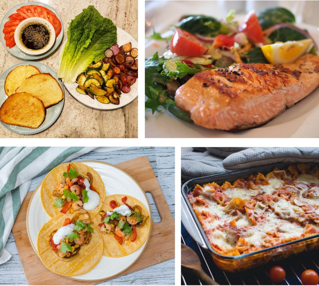 mosaic of fresh, homemade foods like shrimp tacos, baked pasta, grilled salmon with salad, and roasted veggies and balsamic and olive oil