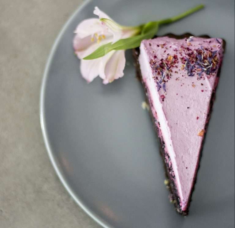 berry cheesecake with brownie crust sits alluringly on a plate with a small flower