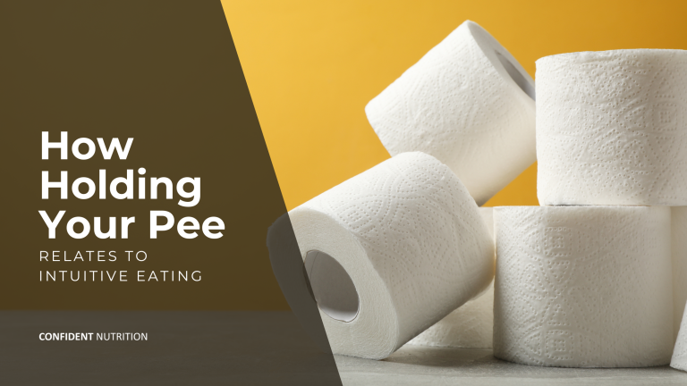 Blog post banner: toilet paper stacked against yellow background. Words: "How Holding Your Pee Is Related to Intuitive Eating"