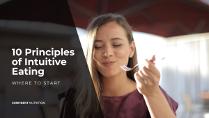 Woman smiles as she takes a bite with eyes closed. Words: 10 Principles of Intuitive Eating - where to start