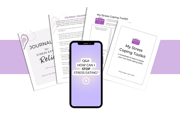 Display of the Stop Stress Eating Bundle featuring the Journal For Stress Eating Relief, My Stress Coping Toolkit, and a phone with the screen displaying the Q&A audio How Can I Stop Stress Eating?